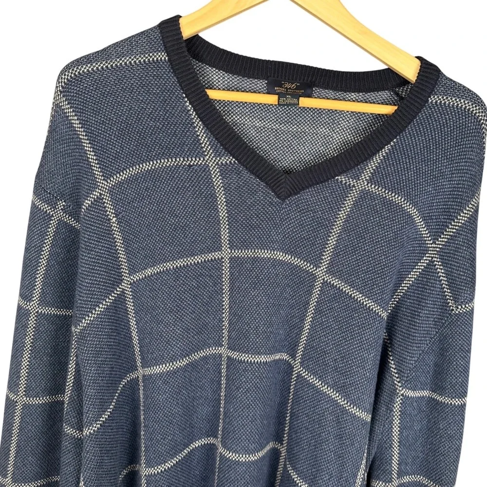 Brooks Brothers 346 Mens XL Blue Windowpane Cotton Cashmere V-Neck Sweater